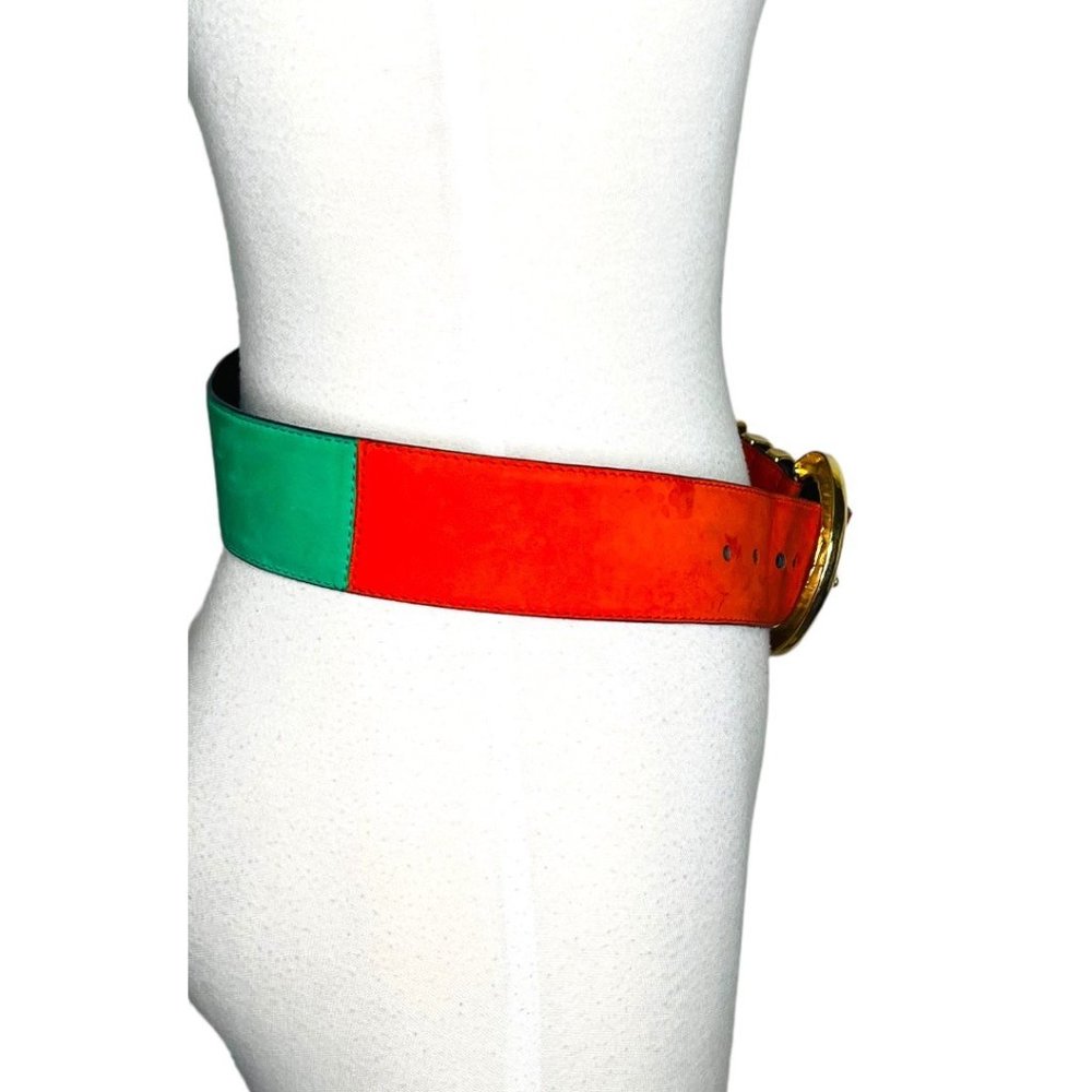 Escada 80's Leather Suede & Gilt Brass Color Block Two-Tone Vintage Belt - Picture 11 of 12